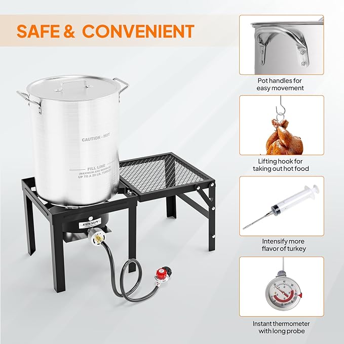 ROVSUN 30QT Turkey Fryer with 54000BTU Propane Gas Stove, Outdoor Aluminum Deep Fryer & Seafood Boiler for Crawfish crab Boiling with Lifting Hook, Turkey Rack, Basket, Marinade Injector, Thermometer