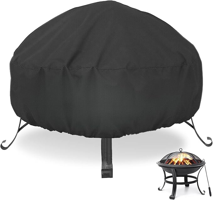 LBTING Fire Pit Cover, 28 inch Cover for 23-28 inch Round Firepit, Waterproof Windproof Dustproof UV-Resistant Heavy Duty Cover for Outdoor Patio Firepit Table - Black