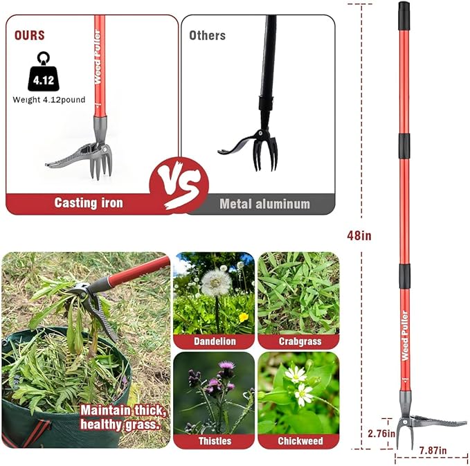 ZENHOSIT Stand Up Weed Puller Tool with 48" Long Metal Handle, 4-Claw Heavy-Duty Steel Head Weed Remove Tool for Lawn, Yard, Garden Without Bending or Kneeling