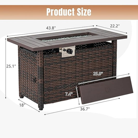 Aoxun Outdoor Patio Furniture with Fire Pit Table, 50,000 BTU Wicker Gas Fire Pits with Lid, 44'' Propane Gas Firepit Table for Backyard, Poolside, Garden (Brown)
