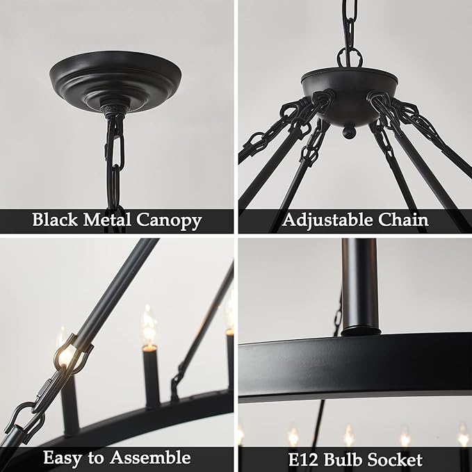 64 Inch Black Extra Large Wagon Wheel Chandelier, 42-Lights Farmhouse Industrial Round High Ceiling Pendant Light Adjustable Chain, for Dining Room, Living Room