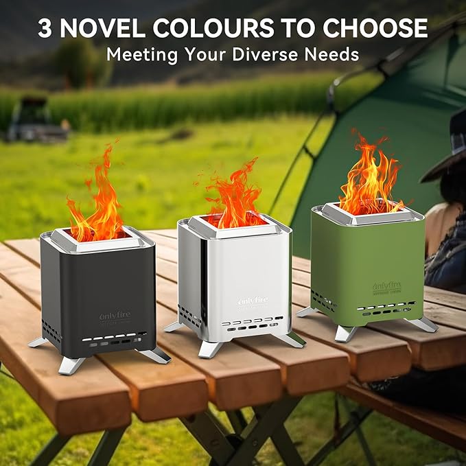 ONLYFIRE OUTDOOR LIVING 2-in-1 Smokeless Fire Pit with Pot Bracket & Carry Bag, Portable Camping Stove Wood Burning Tabletop Fireplace for Patio RV Tailgating Backyard, Black 7.8", #FP051