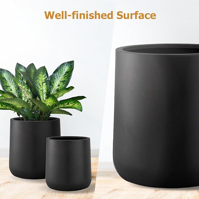 14"H x 13.7"D Conico Fiberstone Round Planter - Christmas Tree Planter, Smooth Finishes, Weather Resistant for Indoor and Outdoor Use, Included 2 Extra Coco Mats (Black, 10.6" Pot Opening)