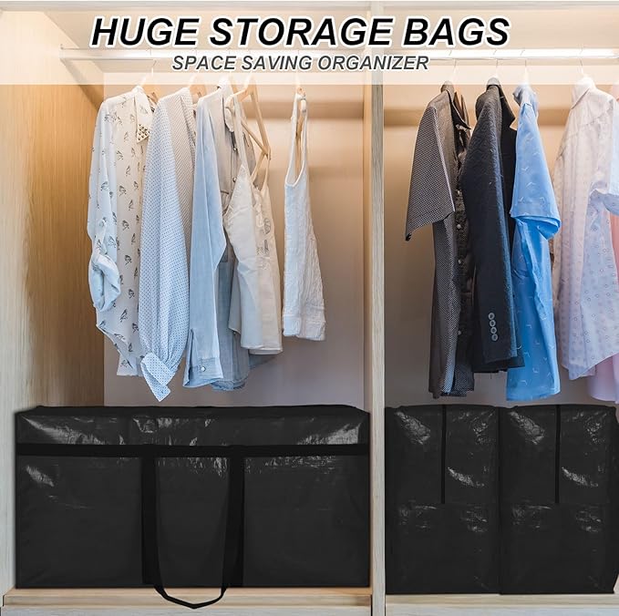 Windyun 4 Pack 98 Gallon Extra Large Storage Bags XXL Moving Bags with Zipper Handles Heavy Duty Jumbo Big Tote Box for Christmas Tree Storage 4, 5, 7.5, 9, 10, 12 ft Skeleton College Dorm(Black)