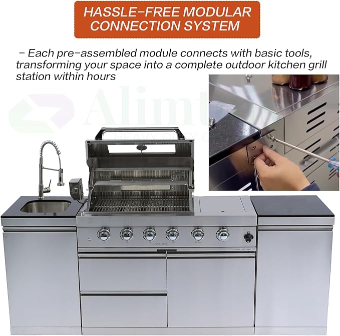 BBQ Island Outdoor Kitchen: 84-Inch 4-Burner 72000 BTU Modular Outdoor Kitchen with Grill + Sink + Storage Cabinet & Rotisserie Kit - BBQ Grill Islands Built-in Combo