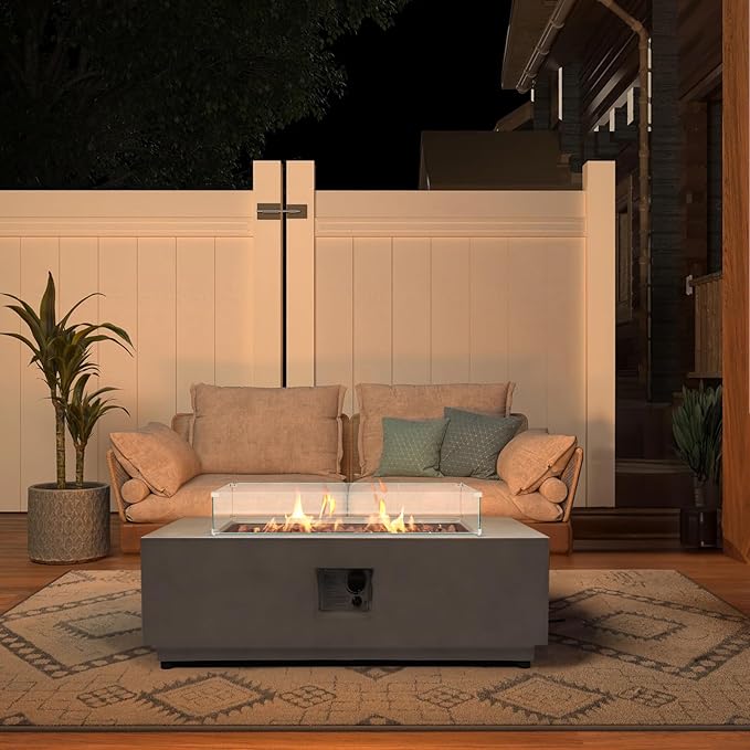42inch Rectangular Concrete Fire Pit Propane with Wind Guard, 2-Piece Gas Firepit for Outside Patio 50,000 BTU Outdoor Fire Table with Steel Lid, Wind Guard, Lava Rocks, Rain Cover