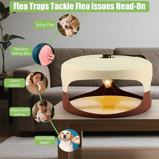 Flea Trap 4 Packs-Flea Traps for Inside Your Home, Bed Bug with Light for Indoor, Friendly Light Trap for Indoor & Garage with 12 Sticky Disc 12 Bulbs 4 Electric Wires, Safe to Pets & Human (Brown)