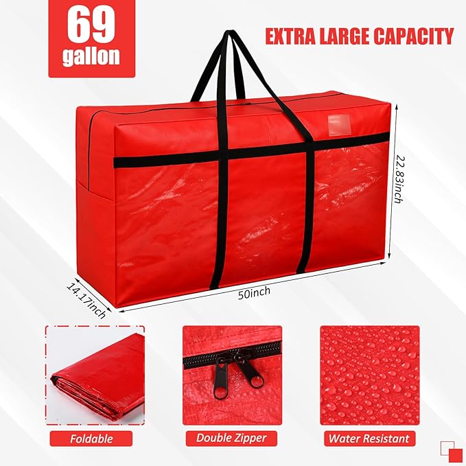 Windyun 4 Pack 69 Gallon Extra Large Storage Bags XXL Moving Bags with Zipper Handles Heavy Duty Jumbo Big Tote Box for Christmas Tree Storage 4, 5, 7.5, 9, 10, 12 ft Skeleton College Dorm(Red)