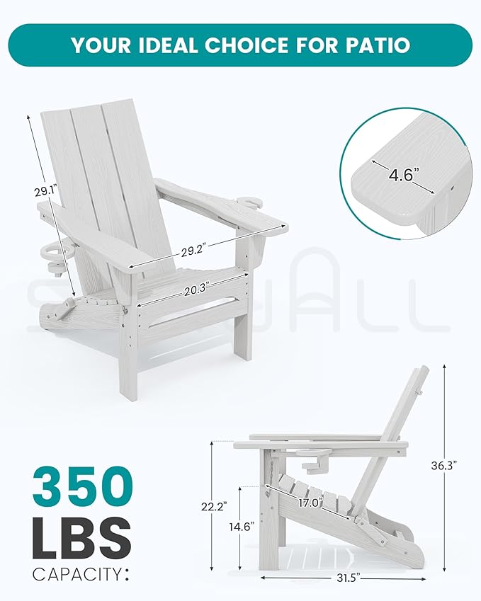 SERWALL Modern Folding Adirondack Chair Set of 8, Weather Resistant HDPE Outdoor Adirondack Chair with Cup Holders, Fire Pit Chairs for Patio Lawn Garden, White