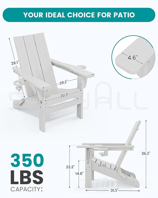 SERWALL Modern Folding Adirondack Chair Set of 4, Weather Resistant HDPE Outdoor Adirondack Chair with Cup Holders, Fire Pit Chairs for Patio Lawn Garden, White