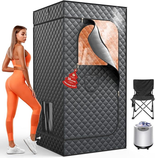 2025 Upgraded Steam Sauna Box for Home, 15 Levels Precision Temp 3L 1200W Tank, Folding Chair, Fast Setup Indoor Saunas for Muscle Relief & Detox, Compact Sauna Spa for Family Relaxation