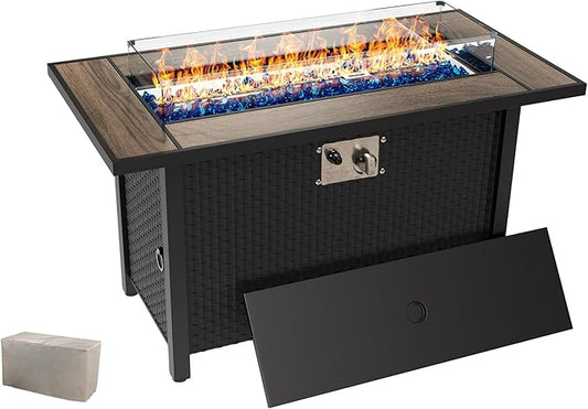 45 inch Gas Fire Pit Table, Patio Outdoor Propane Fire Pits with Removable Lid & Waterproof Cover, 50000 BTU with Lava Rock and Alumium Frame Tables for Patio Garden(Black)