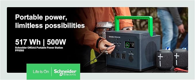 Schneider OffGrid 517Wh Portable Power Station, PPS500 Portable Solar Generator with Wireless Charging Pad, for Camping or Home