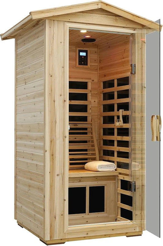 LTCCDSS Garner Outdoor Sauna 1 Person, Far Infrared Sauna, Low EMF Sauna Room for Home, Low EMF Heaters | Chromotherapys | Bluetooth Speakers | Canadian Hemlock | 30In*30In*70.1In