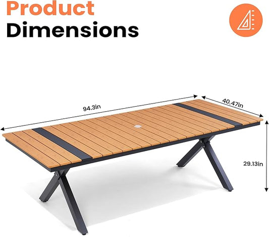 Pellebant 94" Outdoor Dining Table for 6-10, Aluminum Patio Dining Table with Umbrella Hole, Waterproof Wood-Like Tabletop for Lawn Garden Backyard, Brown
