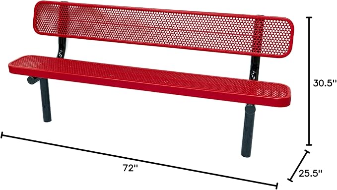 COATEDOUTDOORFURNITURE Coated Outdoor Furniture Heavy-Duty Outdoor Bench Thermoplastic Coated, Punched Steel, Commercial-Grade Seating, Made in America (Inground with Back, 6 Ft, Textured Red)