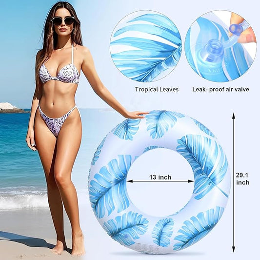 Pool Float for Swimming Pool, Inflatable Swim Tube Floaties for Teens Adults Tropical Leaf Printed Swim Ring Pool Party Decoration
