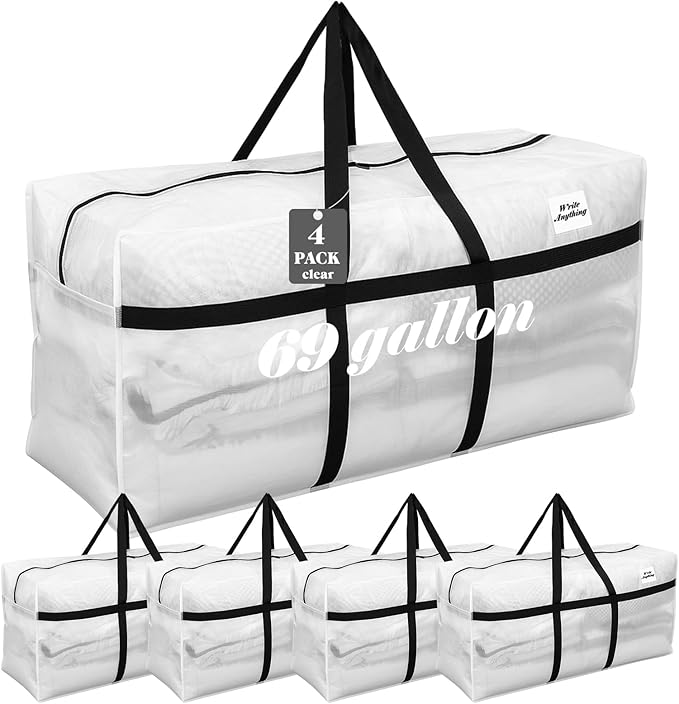 Windyun 4 Pack 69 Gallon Extra Large Storage Bags XXL Moving Bags with Zipper Handle Heavy Duty Jumbo Big Tote Box for Christmas Tree Storage 4, 5, 7.5, 9, 10, 12 ft Skeleton College Dorm(Transparent)