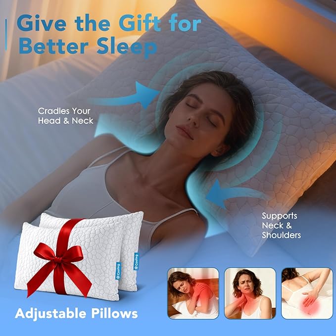 QUTOOL Cooling Pillow for Sleeping King Size 2 Pack, CertiPUR-US Shredded Memory Foam Bed Pillows Set of 2, Soft Cool Pillow for Hot Sleepers Adjustable Firm Pillow for Side, Back, Stomach Sleepers