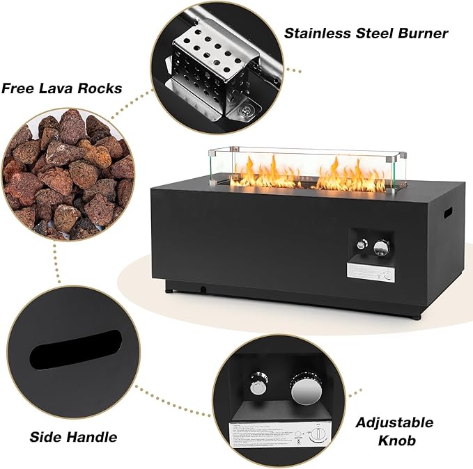 42” Rectangle Fire Pit Table Propane, 50,000 BTU Outdoor Steel Firepit with Tank Cover, Wind Guard, Waterproof Cover, Lava Rocks for Outside Patio Backyard, Black