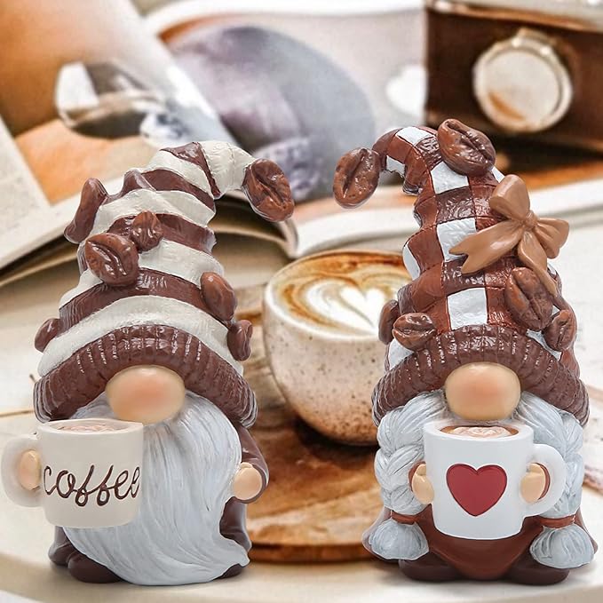 Hodao 2PCS Coffee Gnomes Figurines - Swedish Tomte Elf Dwarf Decor for Bar, Home, Gifts, Holiday Coffee Corner Decoration, Cute Christmas Farmhouse Tiered Tray Ornament for Kitchen Display