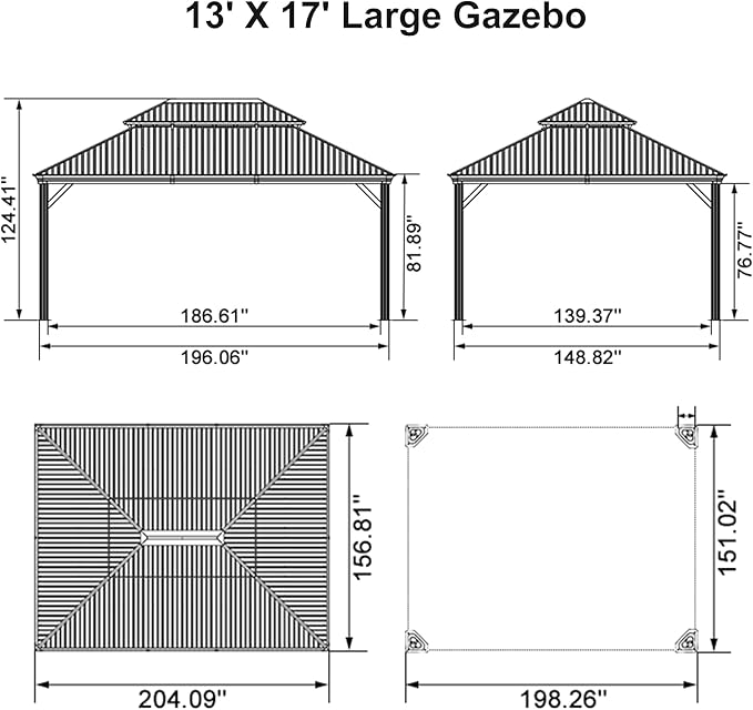PURPLE LEAF Outdoor Gazebo 13'X17'，Champagne Hardtop Gazebo with Galvanized Steel Double Roof, Permanent Patio Gazebo with Curtains and Netting for Patio Lawn Garden and Deck