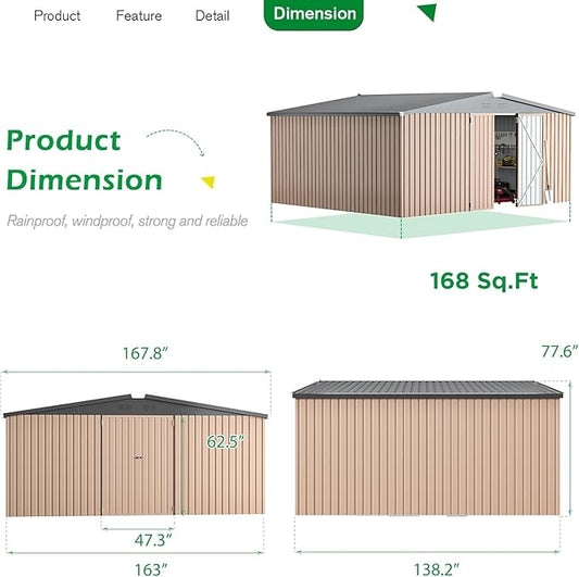 U-MAX Storage Shed 14x12 Outdoor Shed, Large Metal Outside Storage Garden Sheds & Outdoor Storage Shed Clearance, 12x14 Tool Shed Outdoor Storage Lockable for Backyard, Patio and Outside Use in Gray