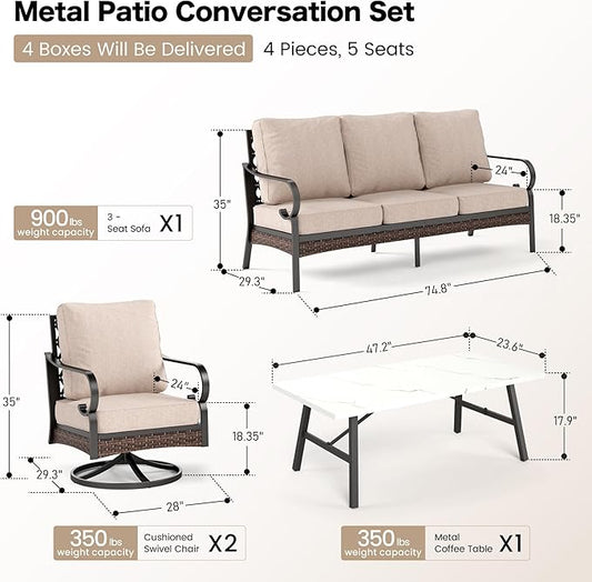 4 PCS Metal Outdoor Patio Furniture Set, Patio Conversation Sets 1 3-Seater Sofa, 2 Swivel Chairs with 5.75" Extra Thick Cushion & Coffee Table, Black Frame Backyard Furniture, Beige