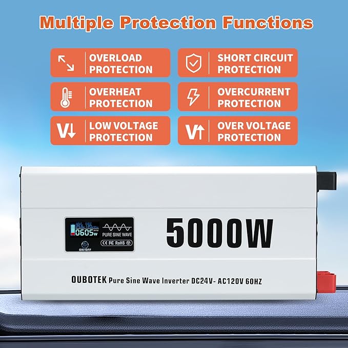 5000 Watts Power Inverter, Pure Sine Wave 24V DC to 120V AC Off Grid Solar Inverter with Wired Remote Switch LCD Display 4 AC Outlets Hardwire Terminal for Home RV Camping