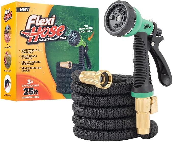 Flexi Hose Expandable Garden Hose with 8 Function Nozzle, 25FT - Lightweight Retractable Garden Hose, Water Hose - No-Kink Flexibility, 3/4 Inch Solid Brass Fittings and Double Latex Core