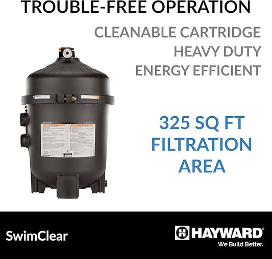 Hayward SwimClear Cartridge Pool Filter with Single Piece Flange Clamp and Multi Element Filtration for Outdoor In-Ground Swimming Pools, Black
