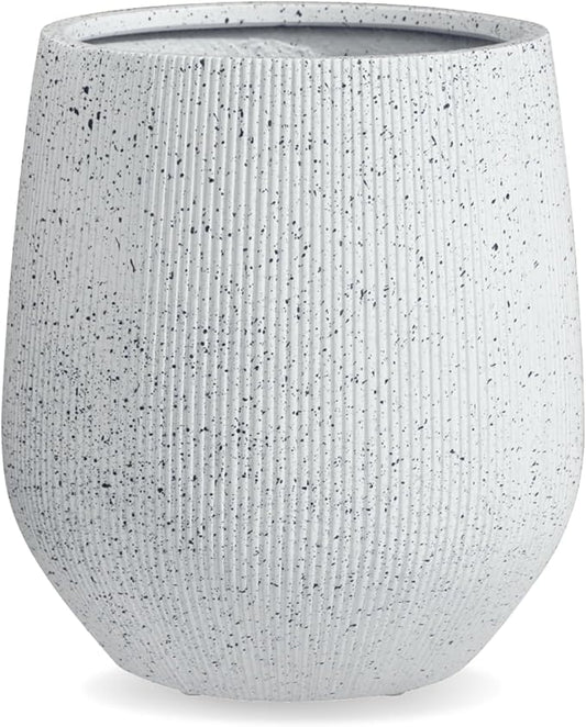 12.5"H x 11.5"D Ribbed Corso Fiberstone Round Planter, Christmas Tree Planter, Weather Resistant for Indoor & Outdoor Use, Included 2 Extra Coco Mats (Ribbed Speckled White, 9" Pot Opening)
