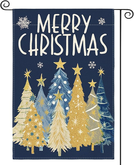 AVOIN colorlife Merry Christmas Garden Flag 12x18 Inch Double Sided Outside, Christmas Trees Winter Holiday Yard Outdoor Flag Blue