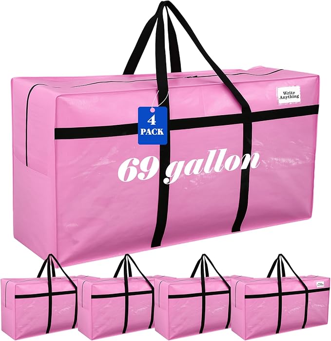 Windyun 4 Pack 69 Gallon Extra Large Storage Bags XXL Moving Bags with Zipper Handles Heavy Duty Jumbo Big Tote Box for Christmas Tree Storage 4, 5, 7.5, 9, 10, 12 ft Skeleton College Dorm(Pink)