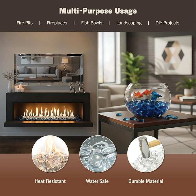 Kinger Home 10-Pound Fire Pit Glass Beads Pebbles Stones Reflective Oval Rocks for Natural or Propane Fire Pit and Landscaping Decorative, Clear