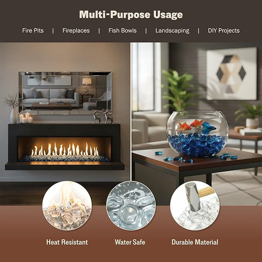 Kinger Home 10-Pound Fire Pit Glass Beads Pebbles Stones Reflective Oval Rocks for Natural or Propane Fire Pit and Landscaping Decorative, Clear