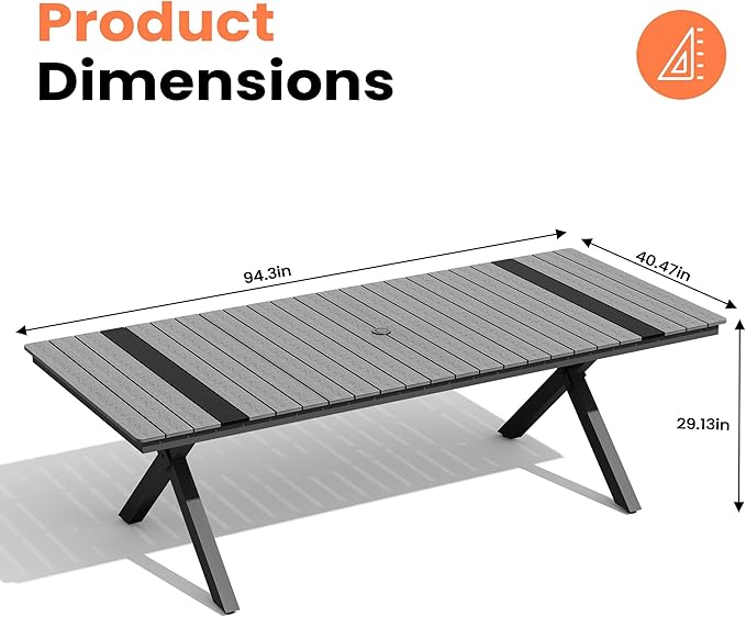 Pellebant 94" Outdoor Dining Table for 6-8, Aluminum Patio Dining Table with Umbrella Hole, Waterproof Wood-Like Tabletop for Lawn Garden Backyard, Grey