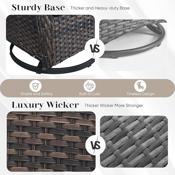 HUMMUH 3-Piece Swivel Rocking Rattan Chair Outdoor, Patio Bistro Furniture Conversation Set with Cover, Cushioned Wicker Chair with Glass Coffee Table(Grey, Grey)