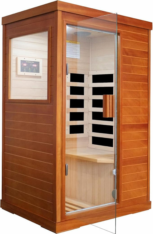 Infrared Sauna Home Sauna Indoor Sauna for Single Person, Mini Dry Sauna with Low EMF 800W,Canadian Hemlock Wood Sauna Room with Control Panel and Tempered Glass Door