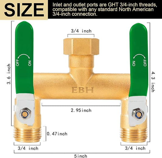 EBH Garden Hose Splitter, 2-Way High Flow Heavy Duty Brass Outdoor Hose Manifold with Extra Long Handles Full Flow Faucet Adapter- 3/4” GHT(Green)