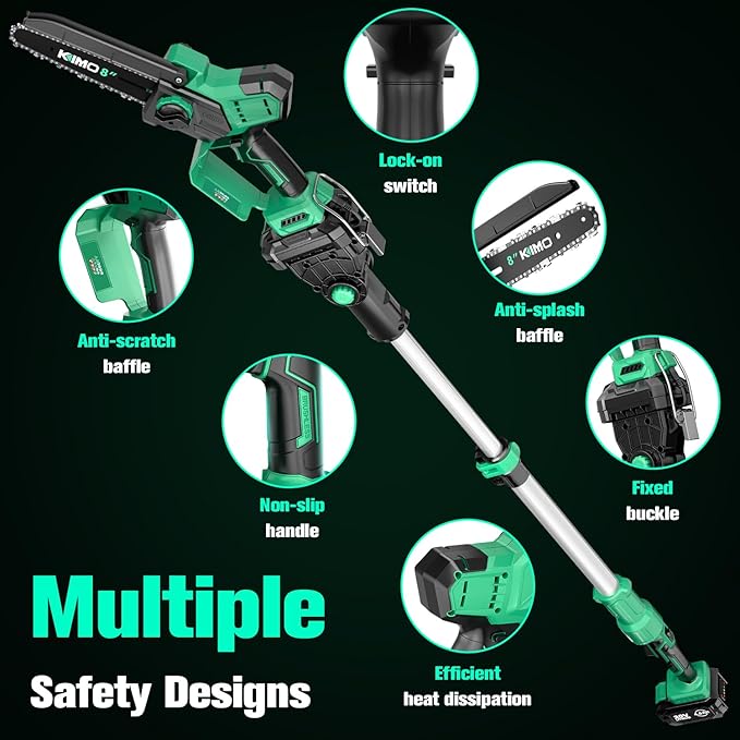 KIMO 2-IN-1 Electric Pole Saws for Tree Trimming, 8" Mini Chainsaw Cordless, 16FT Max Reach Extension Pole, 2×4.0Ah Batteries,Fast Charger, Brushless Pole Chain Saw for Tree Trimmer Limb Branch Cutter