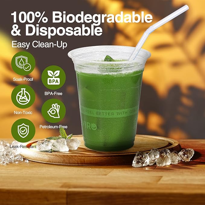GREEVIRO Eco Compostable Plant-Based Clear Plastic Cups 16oz Thick, Reusable, Disposable Iced Coffee Cups for Smoothies, Beer & Any Beverages for Parties, Weddings & Gatherings (16oz)