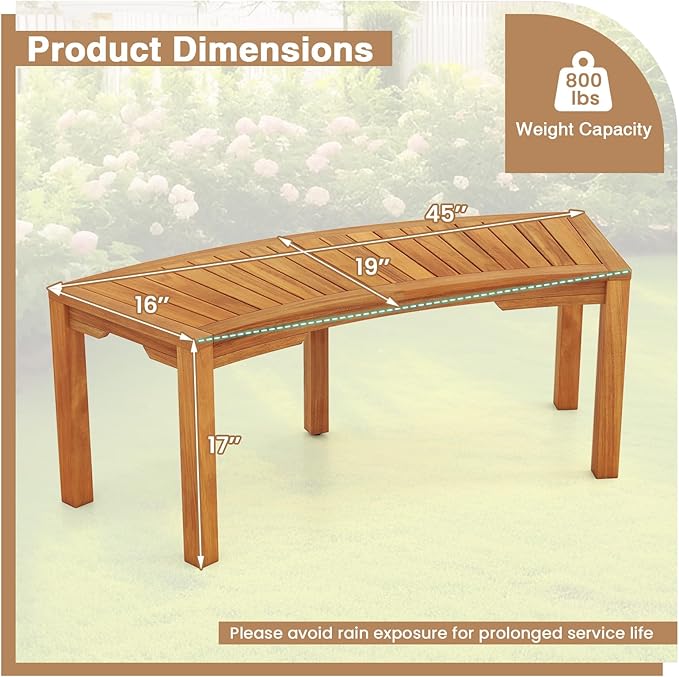 RELAX4LIFE Wooden Outdoor Curved Bench - Acacia Wood Garden Bench w/Slatted Seat, 2-Person Outside Backless Seating for Porch Backyard Deck Park, 800 LBS Load Capacity, Patio Fire Pit Bench (7, 45'')
