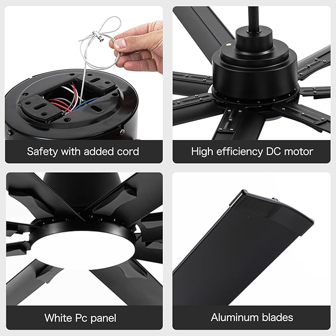 96" Industrial & Commercial HVLS 7 Black Aluminum Blades Ceiling Fan with Light,Works with Alexa,High CFM Brushless Motor,6-Speed,Indoor Outdoor Ceiling Fan for Patio,Garage,Shop,Library