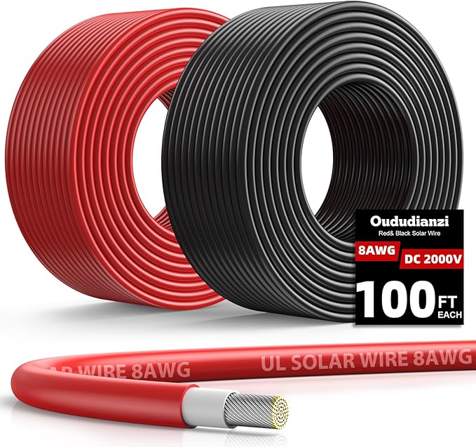 Oududianzi 8AWG Solar Panel Wire, 2x100Ft Solar Wire 8 Gauge Tinned Copper PV Wire Solar Extension Cable for Outdoor Automotive RV Solar Panel Boat Marine