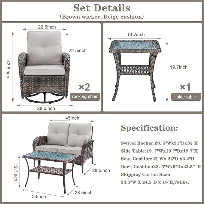 Belord Outdoor Wicker Furniture Set with Swivel Chairs, 5 Piece Small Patio Conversation Sets with Rattan Loveseat Coffee Table for Patio Deck Porch Backyard, Brown Wicker Beige Cushion