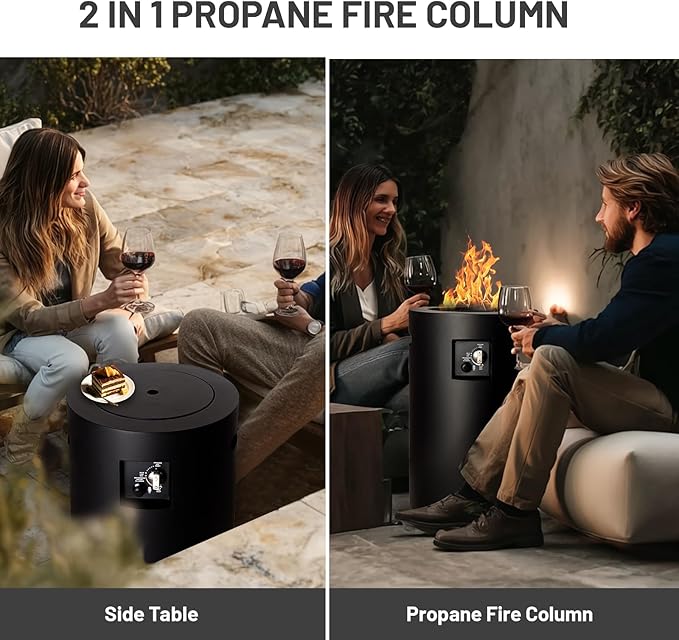 Propane Fire Pit Outside, 17 inch Gas Fire Pit Round, 50,000 BTU Fire Column for Outside Patio, Garden, Backyard, Black