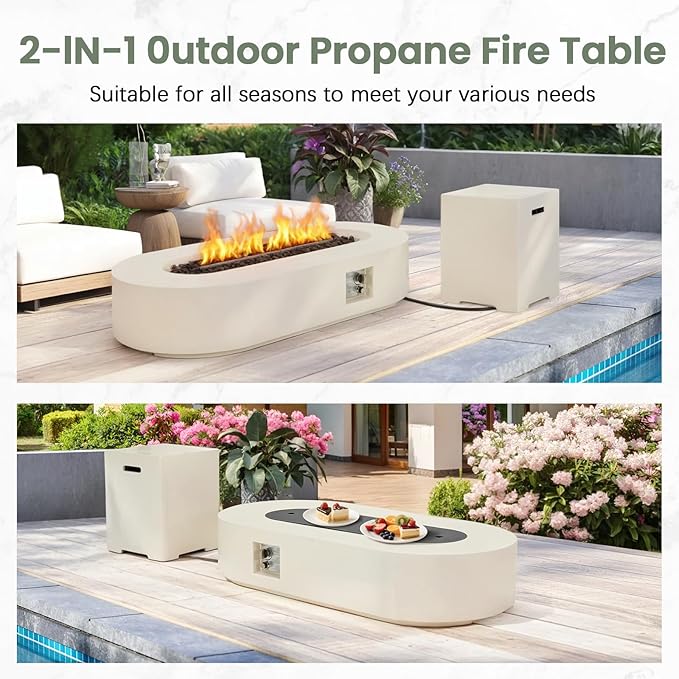 ECOTOUGE 60''Propane Fire Pit, Outdoor Gas Fire Pit Table Set w/Side Handles, Auto-Ignition Steel Fire Table, 50,000 BTU Oval Concrete Fire Pit w/Weather-Resistant Pit Cover, Lava Rocks,White