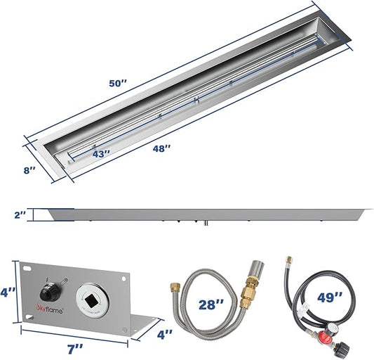 Skyflame 48 x 6 Inch Liner Fire Pit Pan Kit, Stainless Steel Drop-in Fire Pit Pan and Burner, Come with Spark Ignition and Propane Hose, Indoor/Outdoor Fire Table DIY Decorative