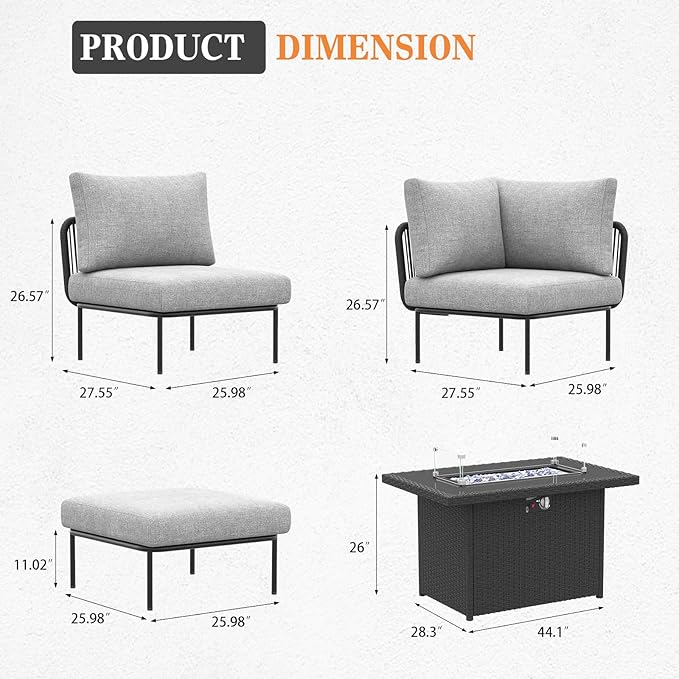 11 Piece Modern Outdoor Rope Wicker Sectional Patio L-Shaped Conversation Sofa Set Deep Seating with Fire Pit Table